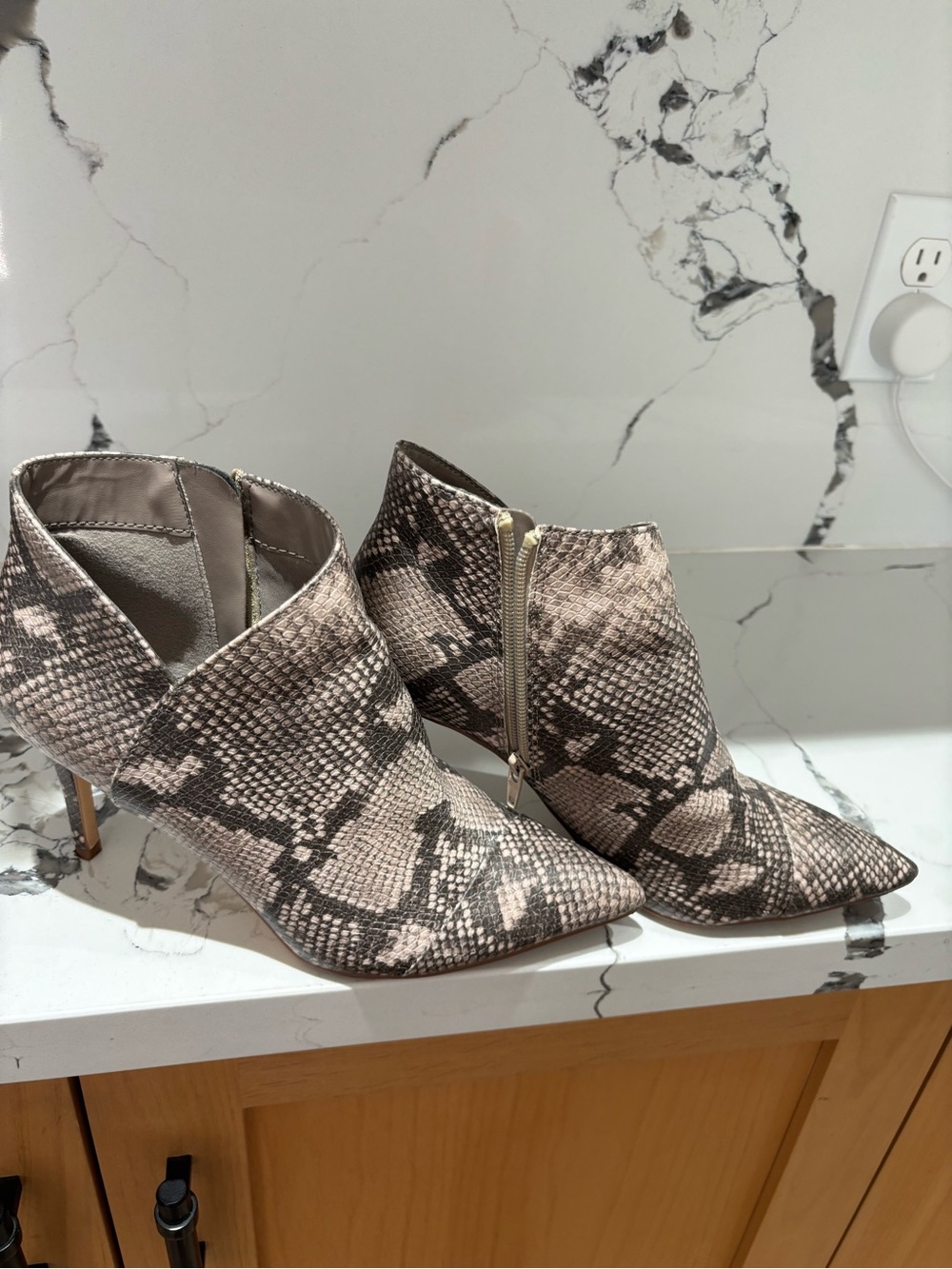 Fergie Taupe and Black Snake-Print Pointed Toe Ankle Booties
